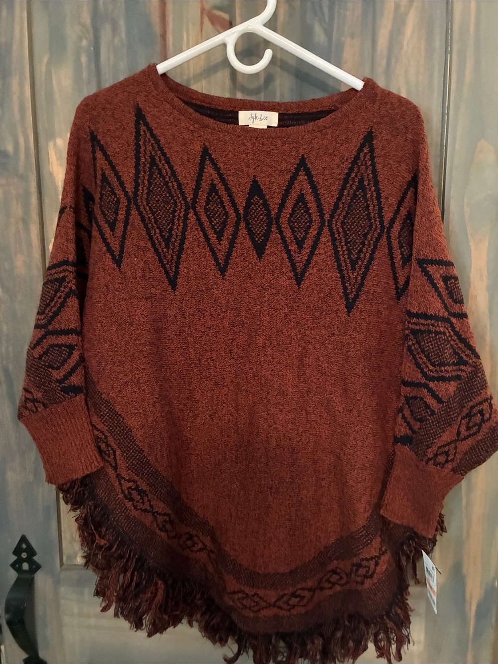 Style & Co. Boho Rust and Black Diamond-Pattern Fringe Poncho Sweater